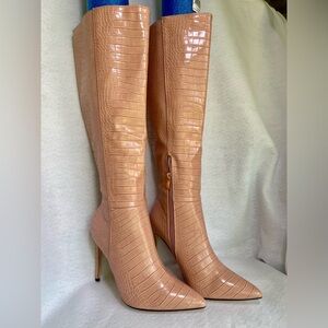 Light Pink Croc-Embossed Knee-High Boots